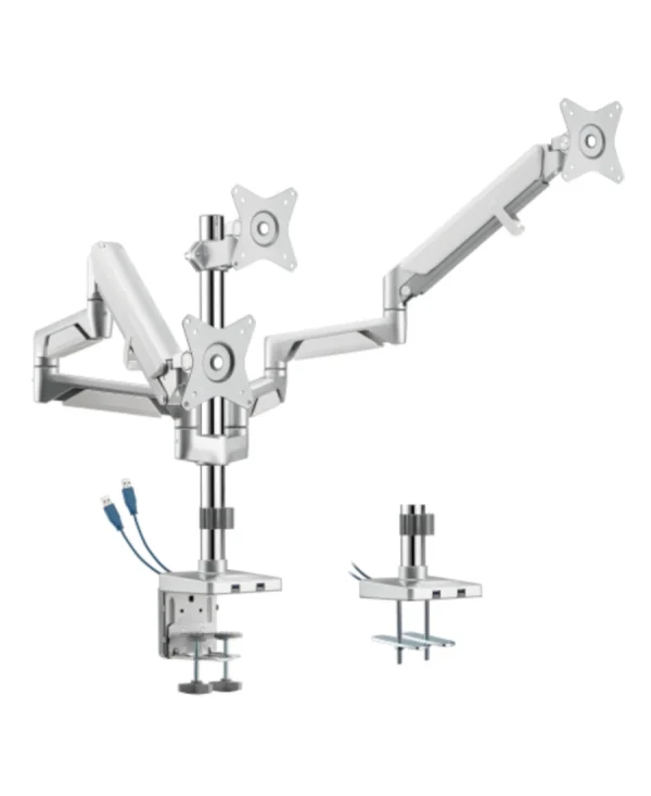 Stojan pro 3 monitory, dva porty, stabilní, připevněný ke stolu, stříbrný, spolehlivý, pro kancelář SolidHand-BG03SU