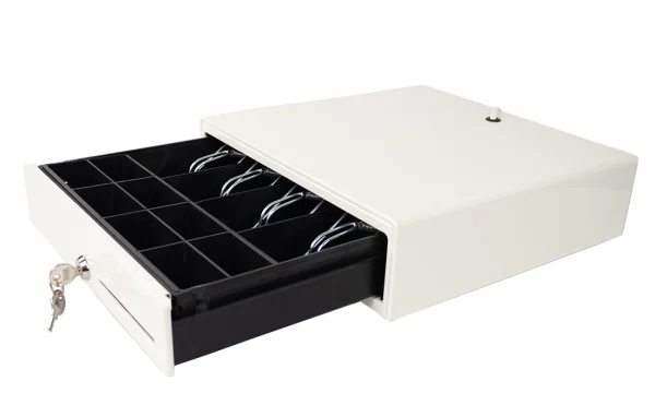 Cash drawer, white, 4 bill compartments and 8 coin compartments, RJ12, 6/12V, sturdy SecureTill-330RW