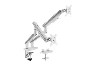 Dvigubas ant stalo montuojamas monitoriaus laikiklis, paremtas mechanine spyruokle, sidabro ir baltos spalvos, VESA standartas, SolidHand-FS02