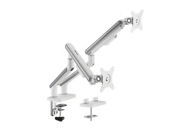 Dvojitý držák monitoru na stůl s mechanickou pružinou, stříbrno-bílý, standard VESA, SolidHand-FS02